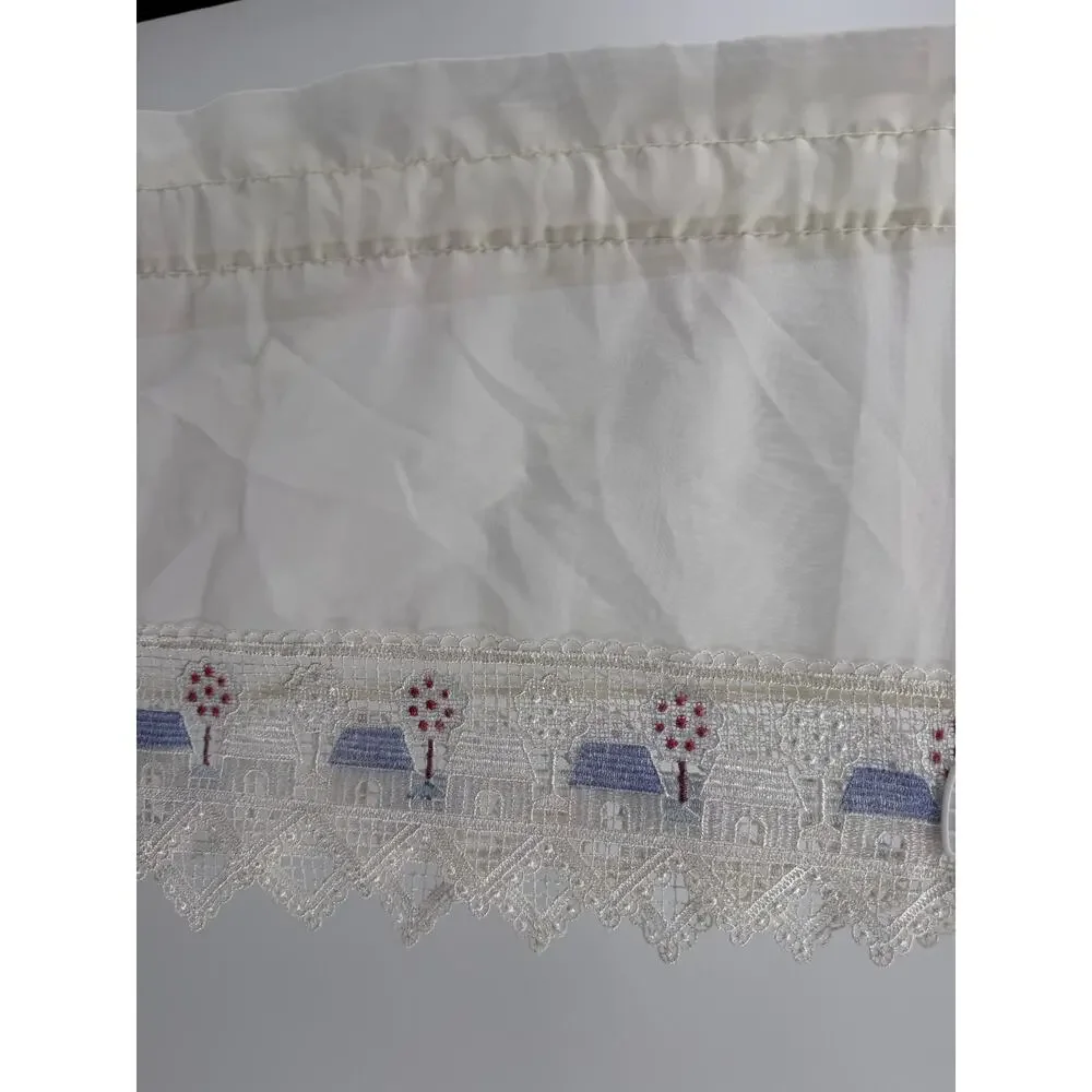 Cottage Village Lace Sheer Rod Pocket Window Valance Cream Blue Red 60x14